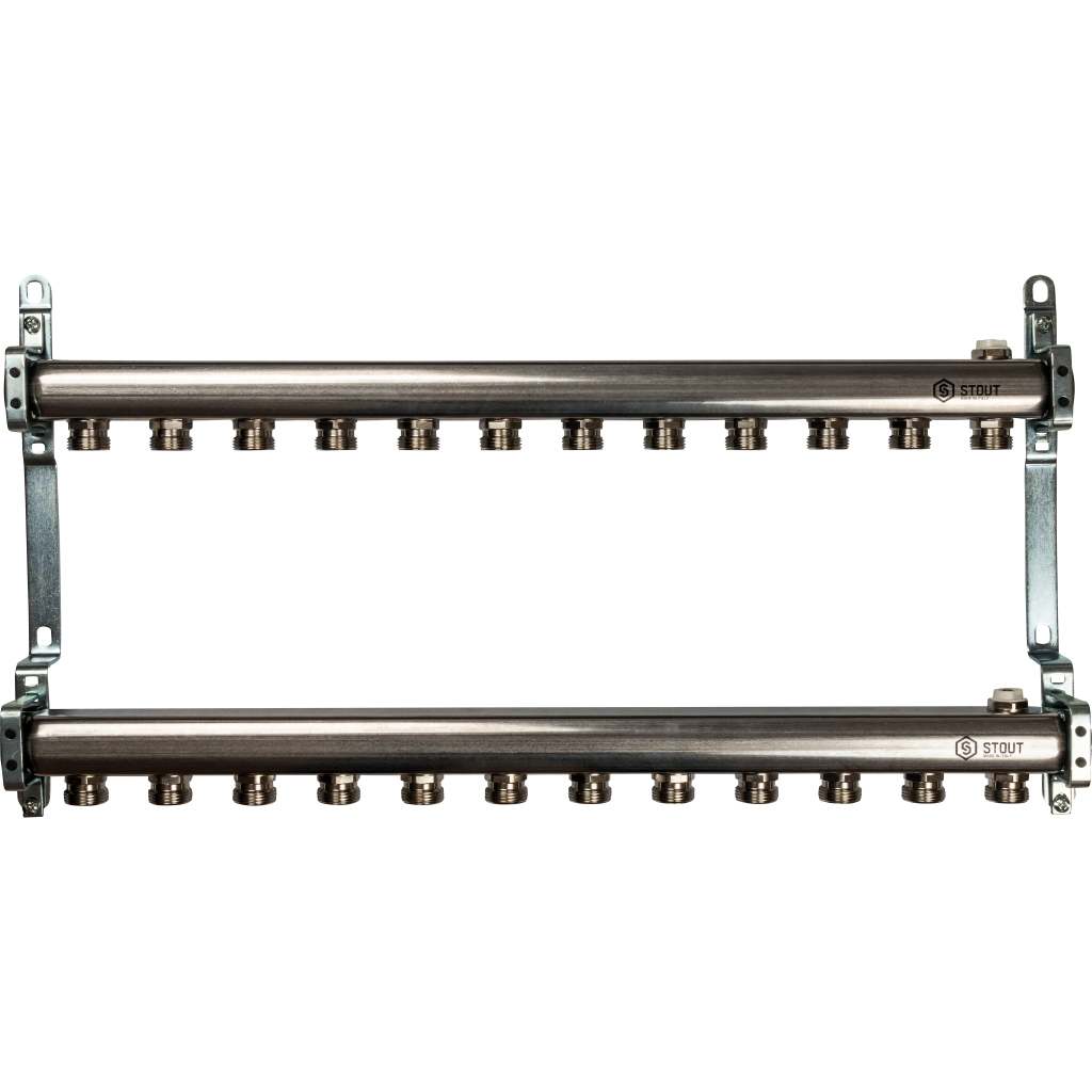 Коллекторная группа для отопления 12 выходов 1*3/4 без расходомеров нержавейка STOUT