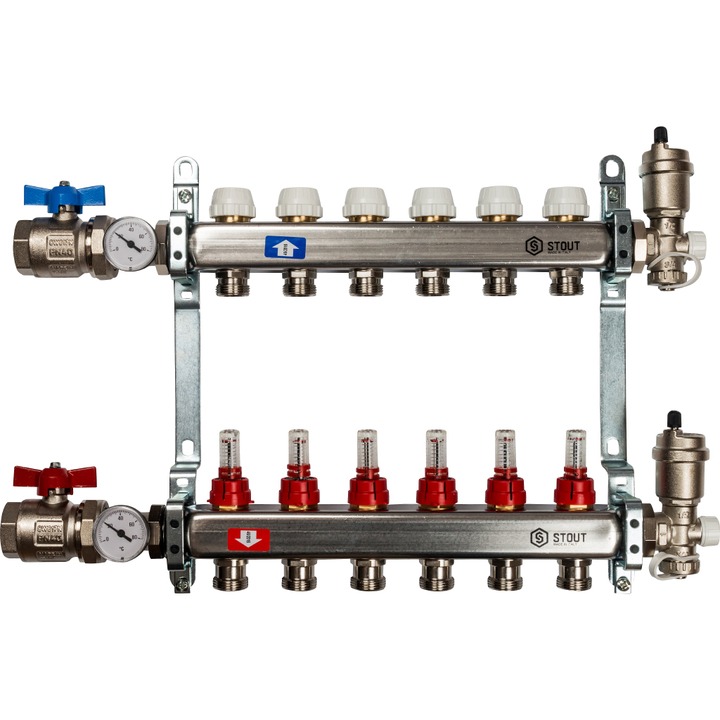 Коллекторная группа для теплых полов 6 выходов полный комплект(краны, термометры, воздухоотводчики, сливники) 1*3/4 с расходомерами нержавейка STOUT